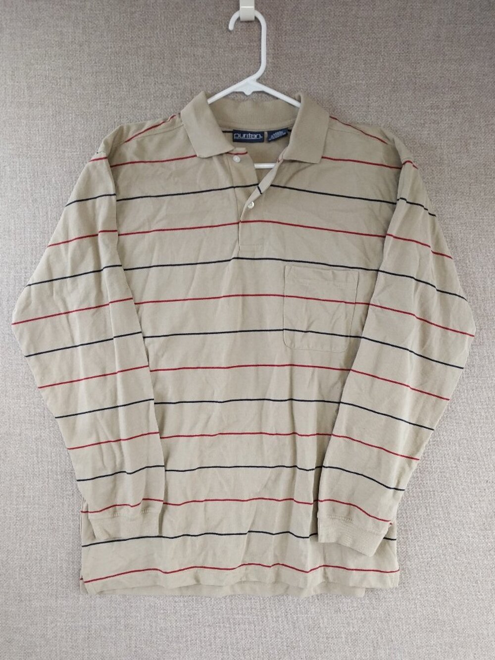 Puritan Mens Beige Striped  Mens Long Sleeve Golf Club Rugby Leisure Sport Large